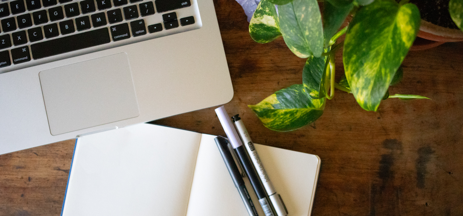 Desktop with a computer, plant, sketchbook and pens.